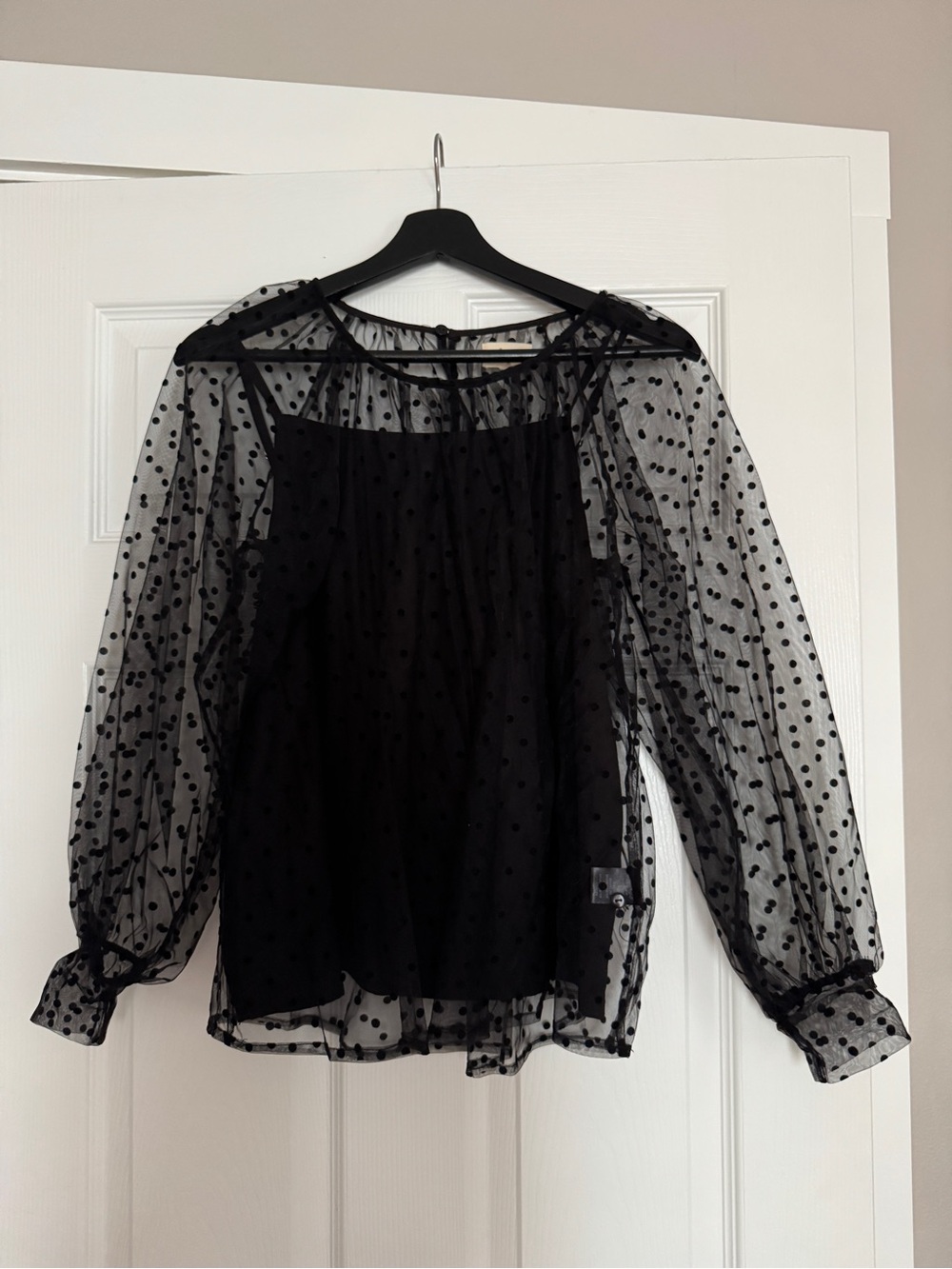 Sheer Black Polka Dot Puff-Sleeve Blouse